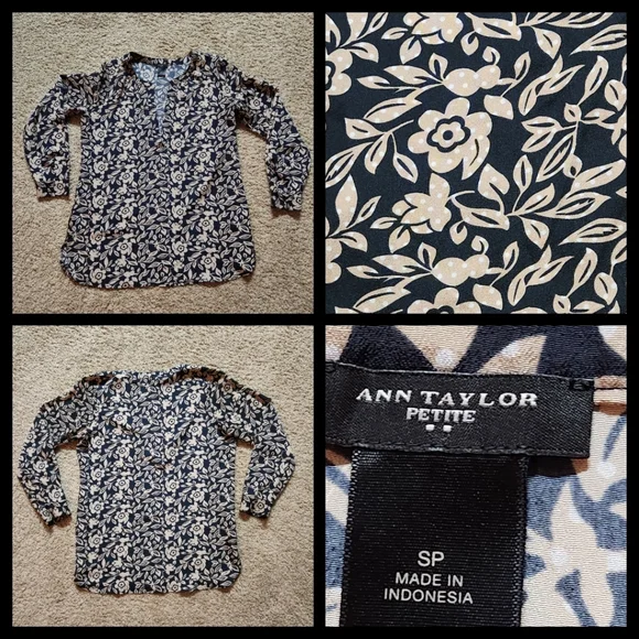 Ann Taylor petite v-neck floral blouse Size SP Colors black tan and white - Picture 1 of 13